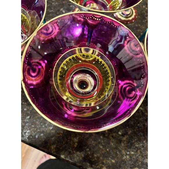 4 Pier 1 Festive Martini Glasses Blown Colorful Purple Stripe Gold Accent 8" Set - Picture 3 of 14